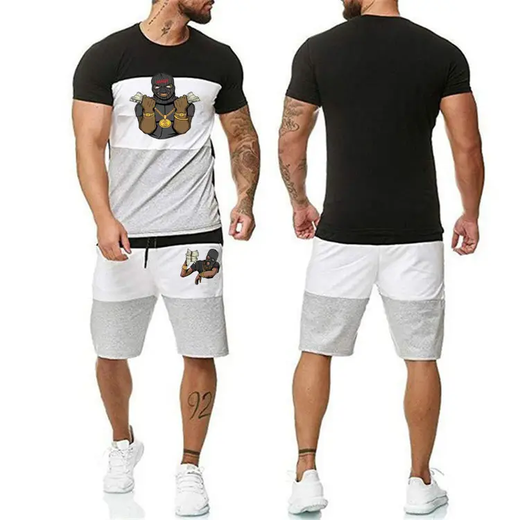 European and American style color matching Raglan long sleeve t-shirt men's cotton top sports fitness Shorts suit