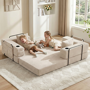 Contemporary Two-Seater Convertible Sofa Bed, Vacuum Packed Boucle Leisure Couch with Built-in Cup Holders - Product Image 4