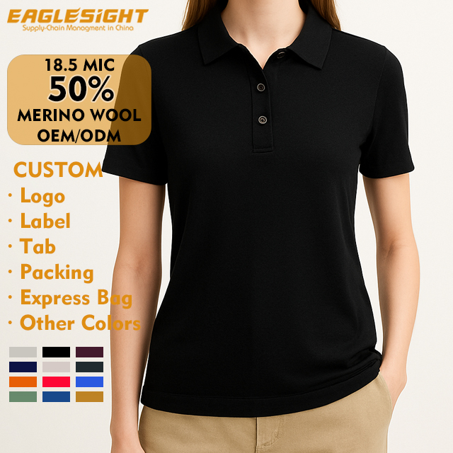 Women's Merino Wool Polo Shirt 18.5 MIC 50% Merino Wool 45% Coolmax 200gsm Short Sleeve, Breathable Lightweight Collared Tee