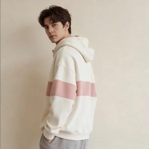 Nuova Collezione Autunnale: <span class=keywords><strong>Felpa</strong></span> <span class=keywords><strong>con</strong></span> Cappuccio e Mezza Zip <span class=keywords><strong>Bianca</strong></span> e <span class=keywords><strong>Rosa</strong></span> per Uomo - Pullover Ampio <span class=keywords><strong>con</strong></span> Stampa Ricamata a Contrasto - Product Image 6