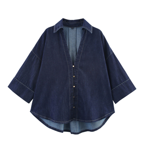 <strong>Turn</strong> Down Collar Denim Blue Color Buttons <strong>up</strong> Long Sleeve Casual Fashion <strong>Jeans</strong> Tops Blouse for Women - Product Image 1