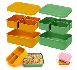 Kotak Bento 3 kompartemen yang dapat dilepas wadah makanan ringan anak-anak kotak makan siang silikon untuk anak-anak dan dewasa