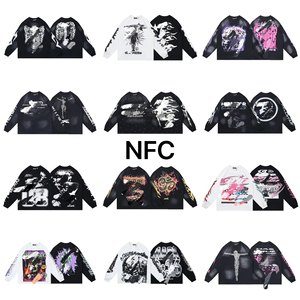 T-shirt casual in cotone 100% da 280 grammi con stampa vintage effetto acqua, vestibilità ampia, maniche lunghe, per <span class=keywords><strong>uomo</strong></span> e <span class=keywords><strong>donna</strong></span>, stile Hell High Street Star - Product Image 3