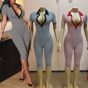 Jumpsuits moulants Jiubaju tendance à rayures et patchwork pour femme, décolleté en V profond, boutonnés, collection été 2026, style streetwear, pour soirées et clubs - Product Image 1