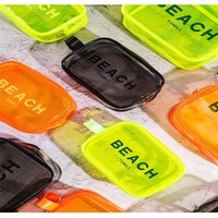 En stock, petite trousse de maquillage transparente de plage, sac à cosmétiques portable en plastique, motif lettres, fermeture à rabat, style simple