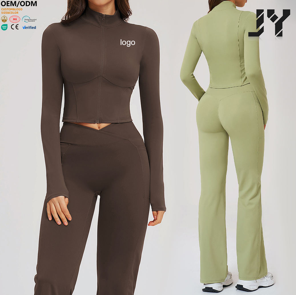 Joyyoung 2026 New Arrivals High Stretch Slim Fit Yoga Jacket Stand up Collar Full Zip Long Sleeve Gym Crop Top With 3D Lines