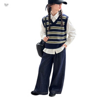 Ensemble deux pièces pour filles, style scolaire d'automne, chemise à col en V rayée, veste, jean droit pour enfants
