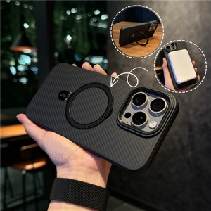 Funda de Teléfono con Textura de Fibra de Carbono de Lujo para iPhone 13 14 15 16 Pro Max con Soporte Magnético de Metal, Cubierta Esmerilada Antigolpes - Product Image 1