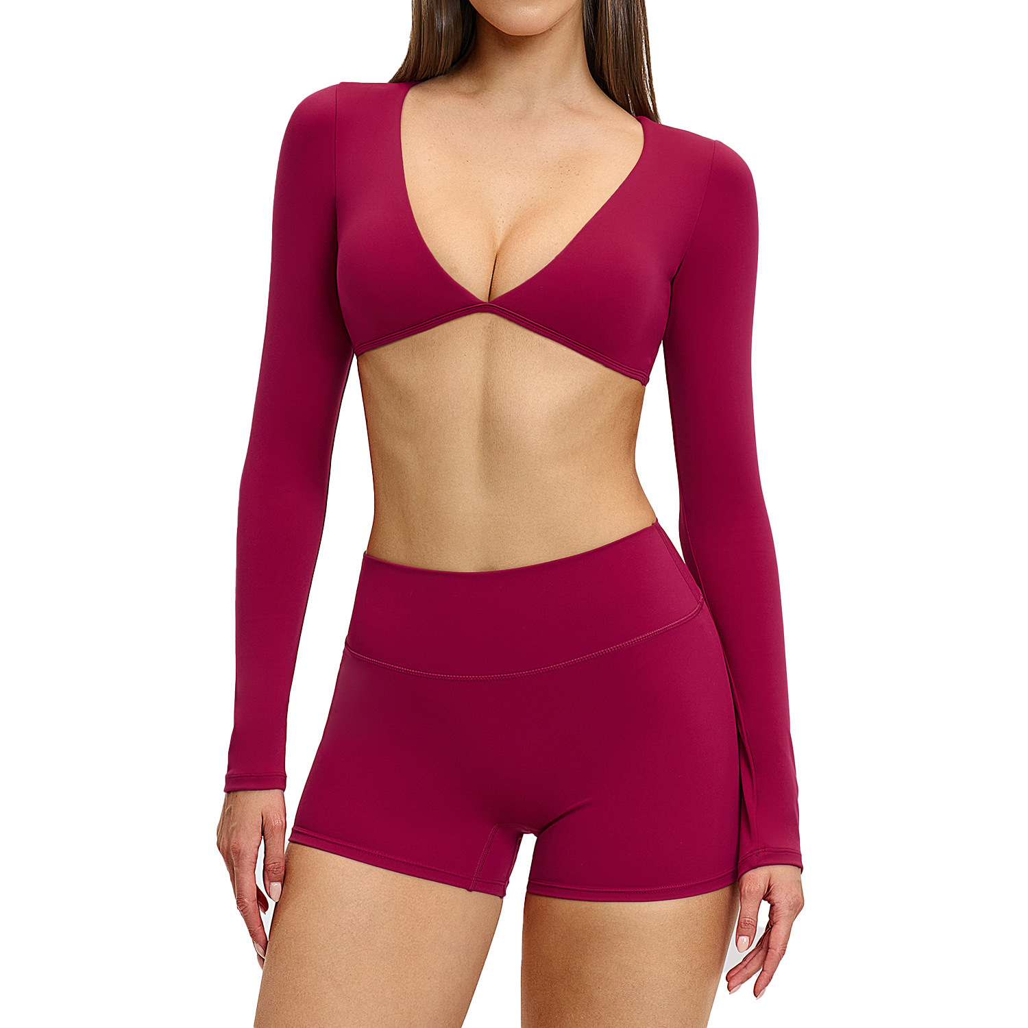 European American Solid Breathable Yoga Long-sleeved Halter Deep V Neck 2-Piece Shorts Set Spandex/Nylon Fitness Suit 4201