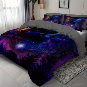 Ensemble de literie imprimé 3D Galaxy Wolf-3PC housse de <span class=keywords><strong>couette</strong></span> et taies d'oreiller motif animal de l'espace Textiles de maison - Product Image 4