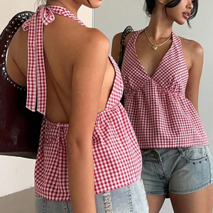 เสื้อครอปท็อปผู้หญิงสีแดงลายตารางแบบผูกคอ พิมพ์ลายตามสั่ง ไซส์<span class=keywords><strong>พลัส</strong></span> เปิดหลังผูกโบว์ ทรงเปปลัม สำหรับฤดูร้อน - Product Image 1