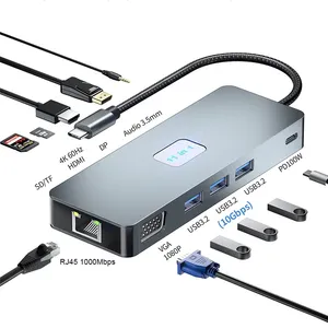 Pembaca kartu pd 11 port hd ganda, pembaca kartu sd tf c ke ethernet aluminium sd tf 11 in 1 usb c hub