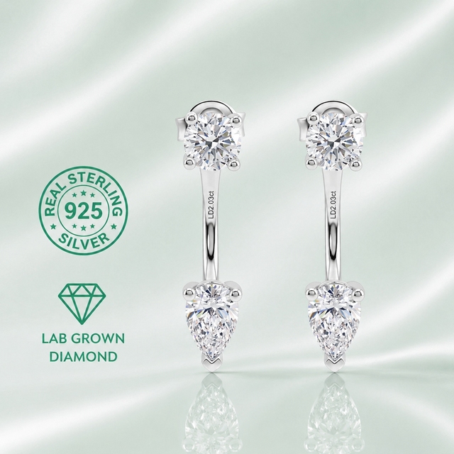 925 Sterling Silver D E VS1 Lab Grown Diamond Crawler Earrings Round Pear Cut Two-Stone Climber Earrings for Women