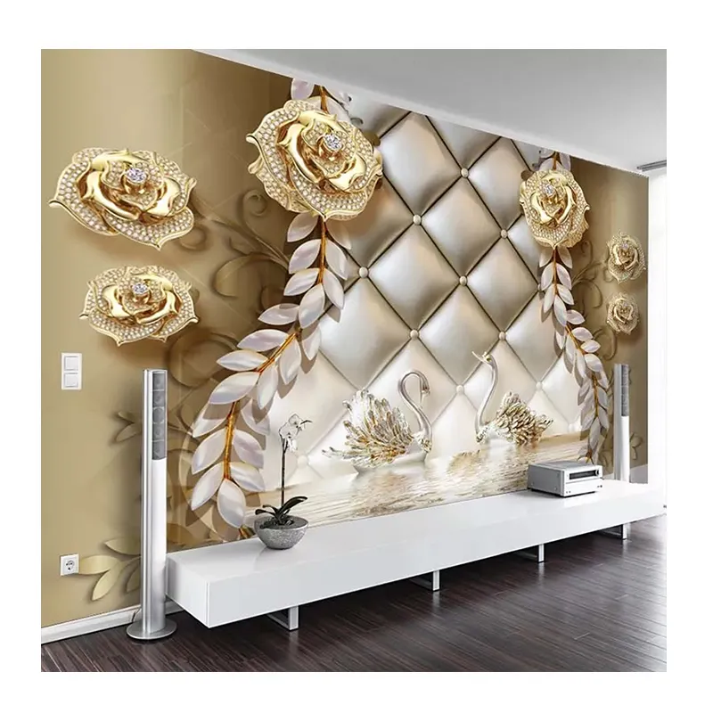 KOMNNI Custom Jede Größe Wandt apete Stereo Goldener Schmuck Blumen Weiche Wandmalerei Luxus Home Decor Tapeten Für Wände