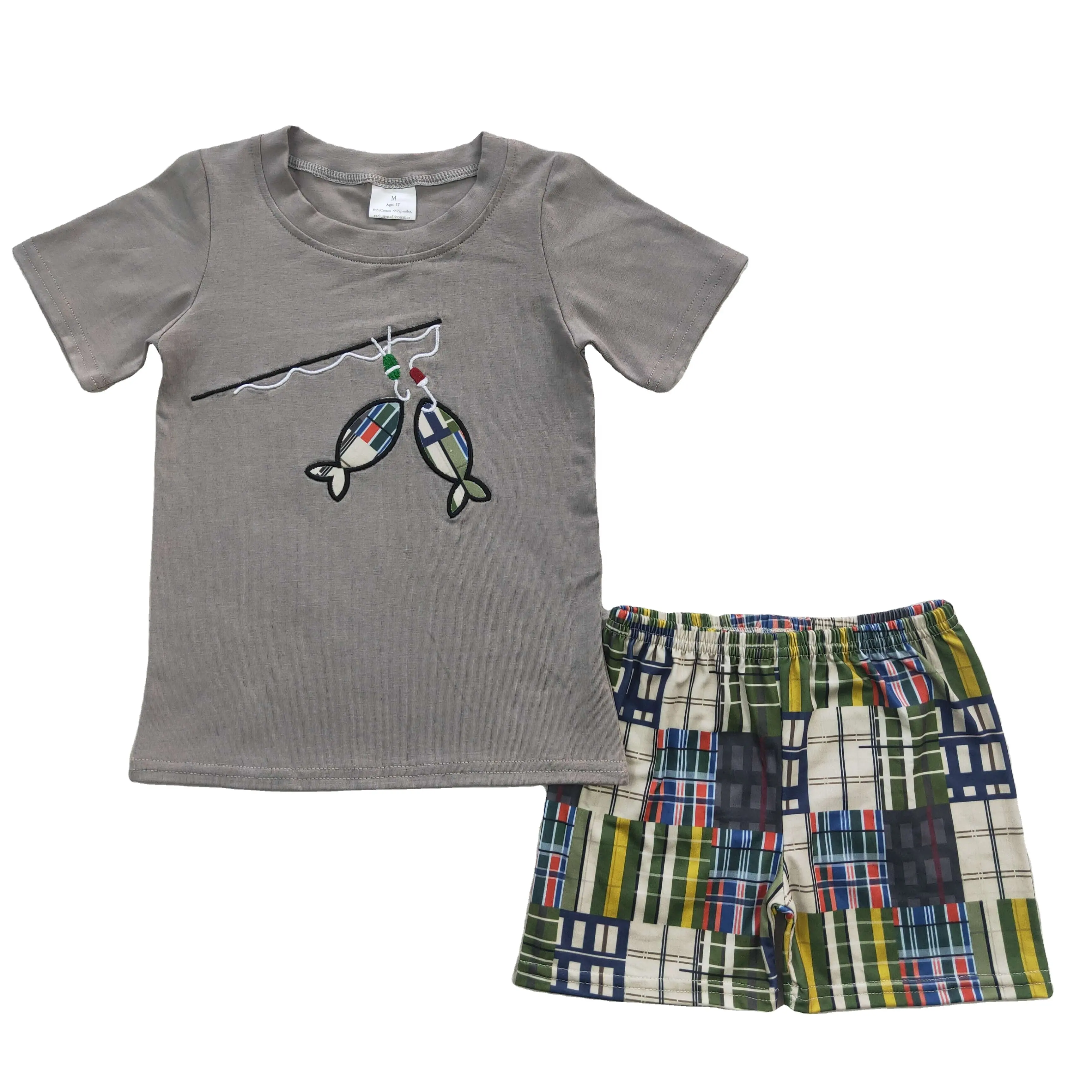 Vente en gros de vêtements pour enfants brodés ensemble haut et short à manches courtes marron pour la pêche vêtements d'été pour bébés garçons