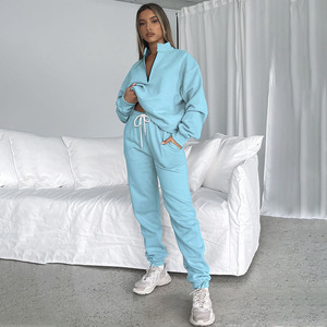 2025 kıyafet kadınlar yeni katı renk fermuar 2 parça kazak uzun kollu kazak Joggers özel Logo iki parçalı moda pantolon takım - Product Image 3