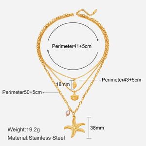 Mode transfrontalière euro-américaine rétro en acier inoxydable plaqué or, collier à trois rangs avec perles d'imitation, étoile de mer et coquillage, pour les amoureux, idéal pour les fêtes - Product Image 5