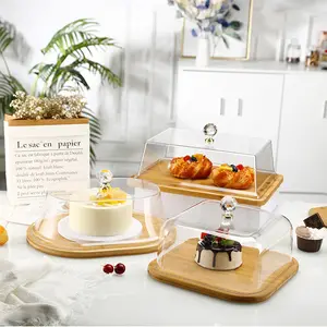 Rectangular Bamboo Cutting Cheese Board Cake Stand With Serving Tray Clear Acrylic Cover Cut Serve And Store Cheese