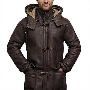 Men's Brown Genuine Leather Hooded Long <b>Coat</b> With <b>Faux</b> <b>Fur</b> Lining Windproof Winter Jacket Casual Style Regular Fit - Product Image 1