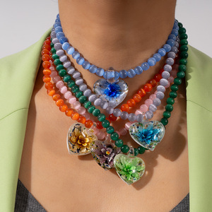 Colgante de corazón de cristal de color, <span class=keywords><strong>collar</strong></span> llamativo de flores, <span class=keywords><strong>collar</strong></span> de Gargantilla con cuentas de piedra de ojo de gato de piedra Natural - Product Image 2