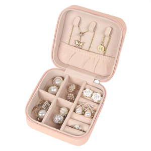 Étui à bijoux portable en cuir PU rose, mini boîte de rangement pour boucles d'oreilles, colliers, bagues, bracelets, femmes, filles - Product Image 1