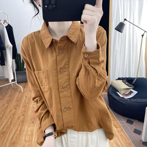 Caramel Cotton Linen Long Sleeve Shirt Women Loose Fit Pocket Design Spring Autumn Casual Top - Product Image 1