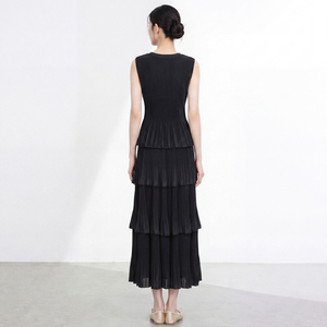 Women's Casual Sleeveless Pleated Midi <b>Dress</b> Set Black Crew Neck Elegant Solid Ankle-Length Skirt Regular Fit <b>All</b> Seasons - Product Image 5