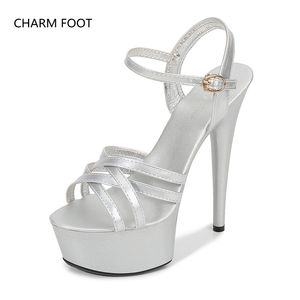 Modelo de artefacto de <span class=keywords><strong>pasarela</strong></span>, zapatos de tacón alto, cinturón cruzado de tacón fino, plataforma impermeable Sexy, Sandalias de tacón súper alto de 15cm Wo - Product Image 5