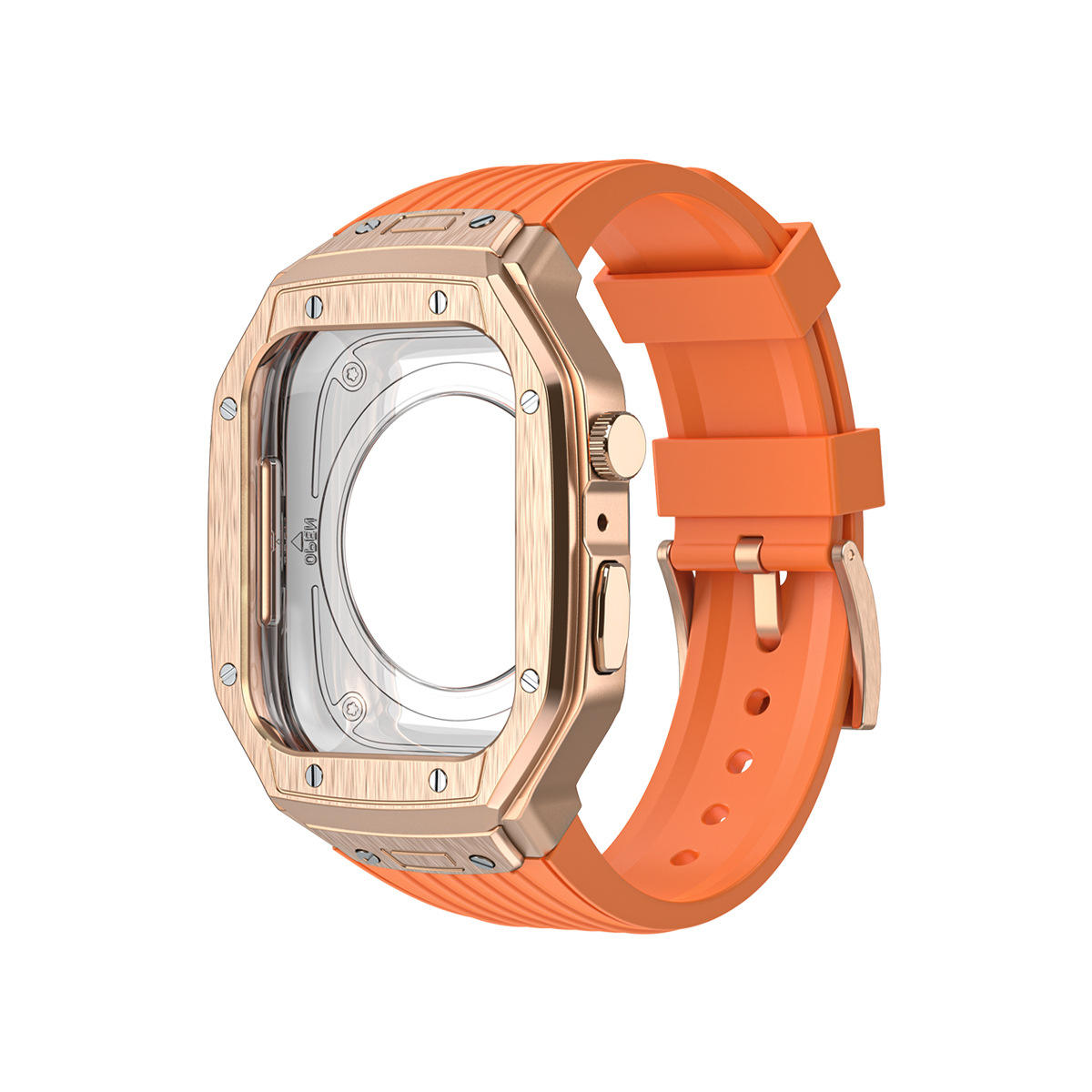 Rose gold frame with orange strap