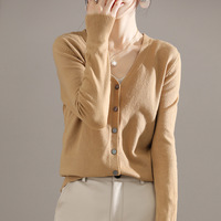 Kardigan Rajut Wanita Warna Krem Kerah V Lengan Panjang Kancing Kasual Bahan Mohair Mantel Sweater Manset Bergaris Model Slim-Fit untuk Wanita