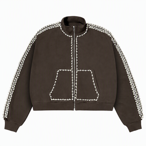 Luxury Pearl Beaded Heavyweight Coffee Brown <b>Zip</b> <b>Up</b> <b>Jacket</b> Men Vintage Oversized Streetwear Track <b>Jacket</b> For Y2K Hip Hop - Product Image 1