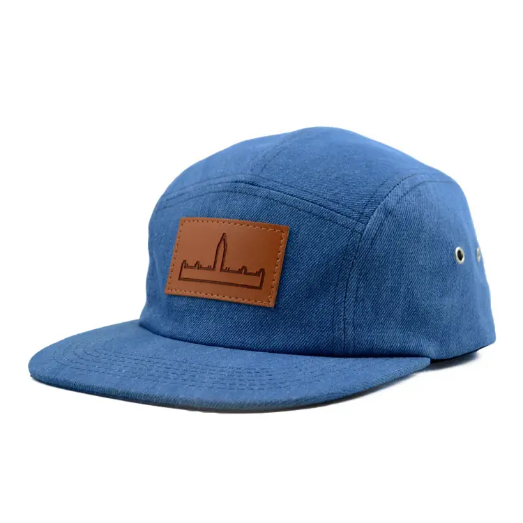 Benutzer definierte Leder Patch Jeans Denim fünf Panel Snapback Cap Camp Hut 5 Panel Hut