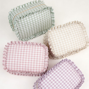 Trousse de Toilette Grande en Coton à Fermeture Éclair pour Femme, Sac de Rangement de Voyage, Trousse de Maquillage à Volants en Gingham - Product Image 1