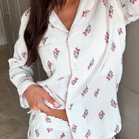 Pyjama deux pièces QINSI pour femme, haut à col châle et pantalon, vêtements de nuit amples, pyjama floral pour la maison, tricoté, nouveau pyjama 2026
