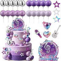 Set de 38 Adornos para Pastel de Fiesta, Bola de Discoteca, Estrella, Guitarra, Micrófono, Corazón, Feliz Cumpleaños, Decoración de Pastel con Temática Musical Morada