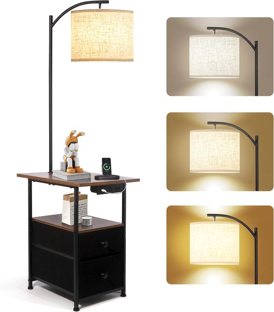 Modern 2-Drawer Side Table Floor Lamp with Warm White LED Reading Light USB-C AC Charging Ports E26 Base for Warehouse