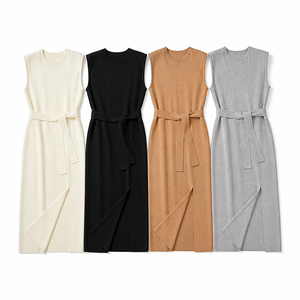 Abito in maglia da donna personalizzato senza maniche con cintura e spacco, girocollo, tinta unita, primavera <span class=keywords><strong>autunno</strong></span>, 4 colori, OEM, all'ingrosso, private label, all'ingrosso - Product Image 4