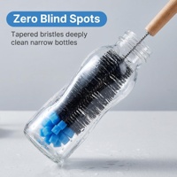 Ensemble de brosses de nettoyage de bouteilles à long manche en bois avec poignée en T, sans angle mort, avec poils en nylon et embout éponge, pour la maison, les cafés et les articles de boisson