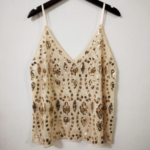 Camisola de Verano con Lentejuelas y Cuentas, Sexy, Entallada, Corta, con Cuello en V, Chaleco Elegante para <span class=keywords><strong>Mujer</strong></span>, Tejido Dobby, Poliéster, Patrón Geométrico - Product Image 3