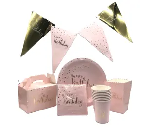 ขายร้อน Amazon Disposable Tableware ชุดฟอยล์ทองกระดาษอาหารเย็นชุดถ้วยกระดาษแผ่นผ้าเช็ดปากรักษากล่องวันเกิดงานแต่งงาน