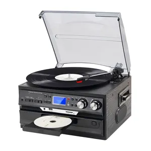 Pemutar meja putar Phonograph 2024 kayu, pemutar musik dengan speaker USB SD Cassette CD AM FM Radio Bluetooth