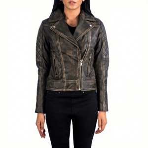 Blouson de motard asymétrique en cuir véritable vieilli pour femme, avec fermeture éclair, manches matelassées en peau de mouton, col à revers, poches zippées, vêtement d'extérieur personnalisé, nouveauté - Product Image 1