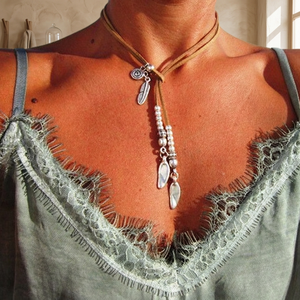 Woven Trendy Gold Plated Brass Link Chain Necklace Artsy Retro Geometric Feather Pendant Double Fringe for Women UIONEN 1445 - Product Image 2