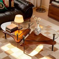 Ensemble de tables basses triangulaires, base en bois massif avec plateau en verre trempé