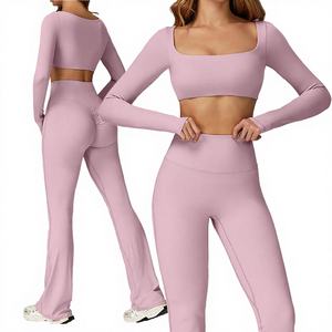 Vente flash Leggings taille haute solides Ensemble 2 pièces à manches longues Séchage rapide Vêtements de sport pour la salle de sport Vêtements de sport pour femmes Ensemble de yoga - Product Image 4