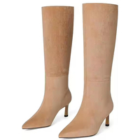 Hochwertige Damen Trendy Kleid Wildleder Leder Pull on Pointed Toe Low Wide Kalb Kätzchen Absatz High Long Tall Knee High Boots