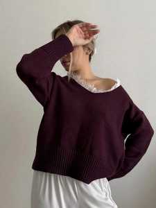 <span class=keywords><strong>Pull</strong></span> en maille respirant pour femme, style vintage, col en <span class=keywords><strong>dentelle</strong></span>, 100% polyester, pour l'automne - Product Image 4