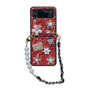 Flip pliable avec fleur paillettes INS Style paillettes strass <span class=keywords><strong>perle</strong></span> dragonne coque de téléphone pour Samsung zfold5 zflip4 zflip6 - Product Image 6