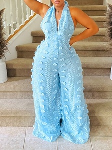 <span class=keywords><strong>Mono</strong></span> de fiesta casual texturizado de pierna ancha con cuello halter y espalda descubierta con cuello en V para mujer de talla grande - Product Image 3