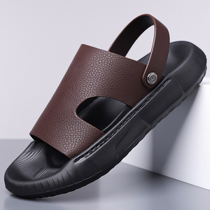Sandalias de cuero genuino para hombre, con punta abierta, suela de goma, informales, para verano - Product Image 4